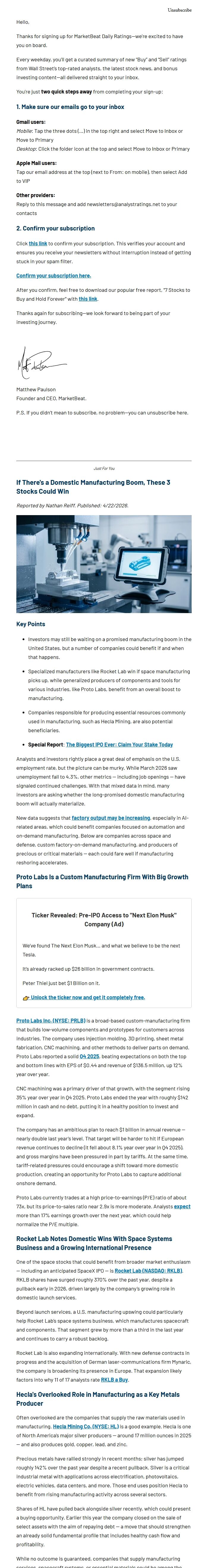 Screenshot of the email generated on import
