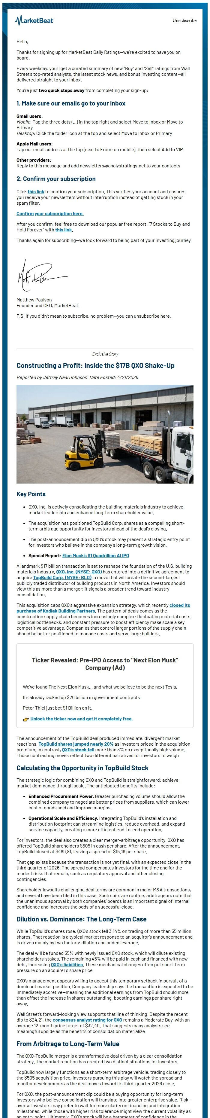 Screenshot of the email generated on import