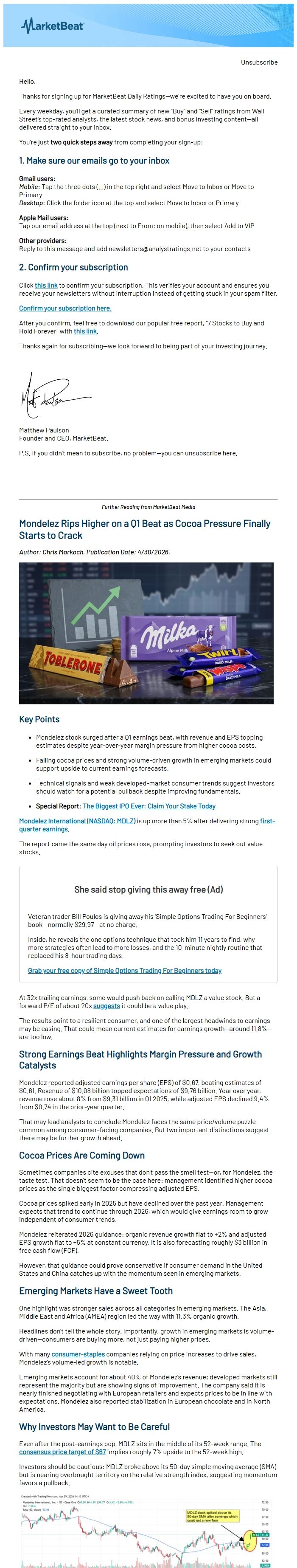 Screenshot of the email generated on import