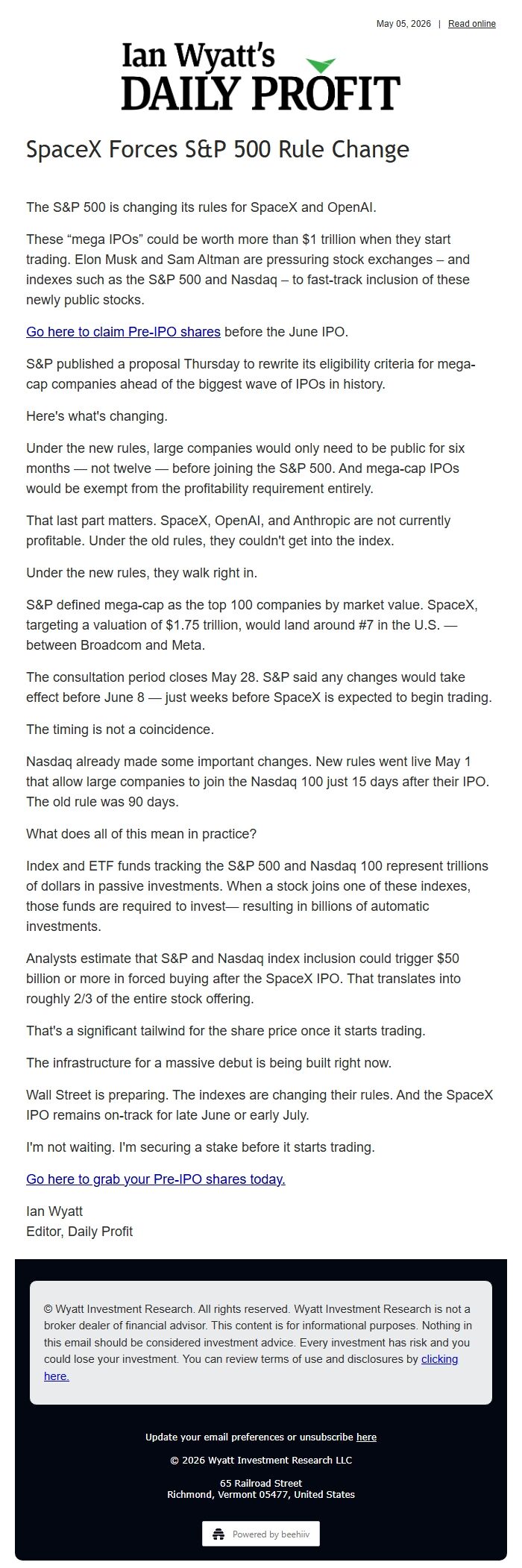 Screenshot of the email generated on import