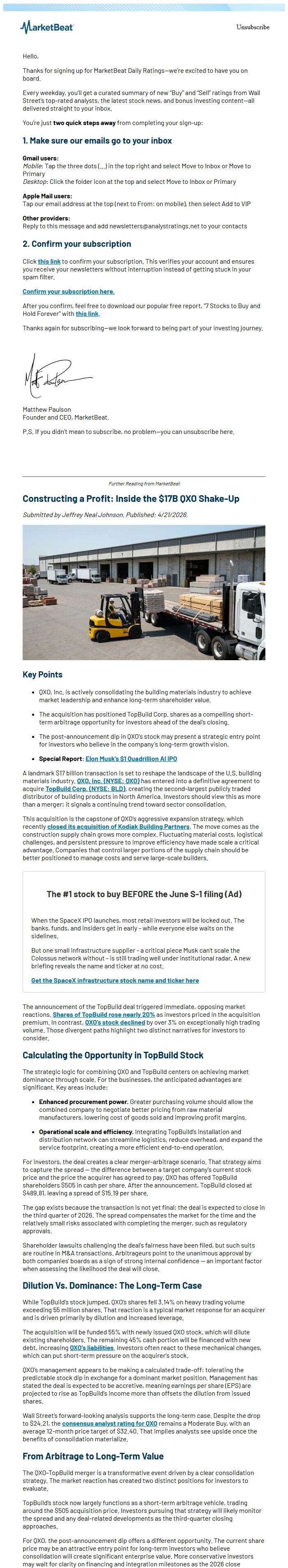 Screenshot of the email generated on import