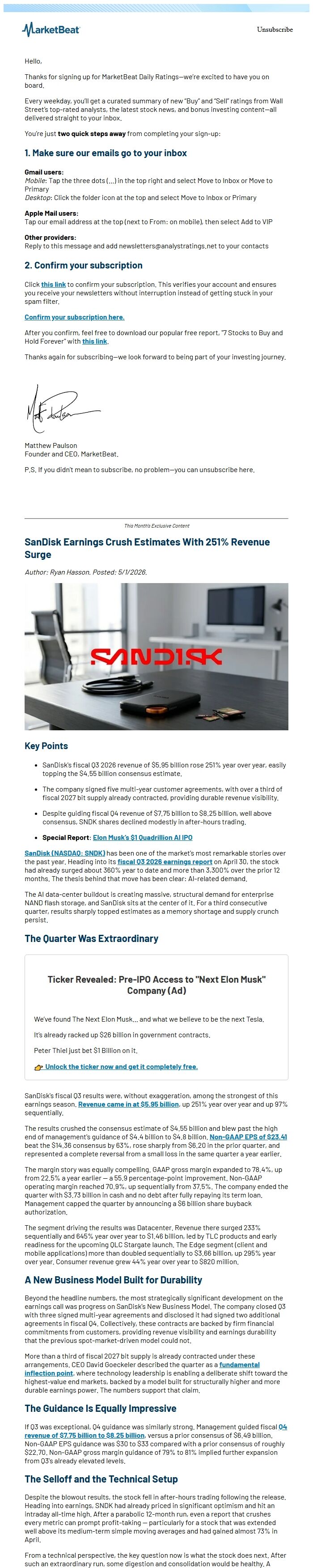 Screenshot of the email generated on import