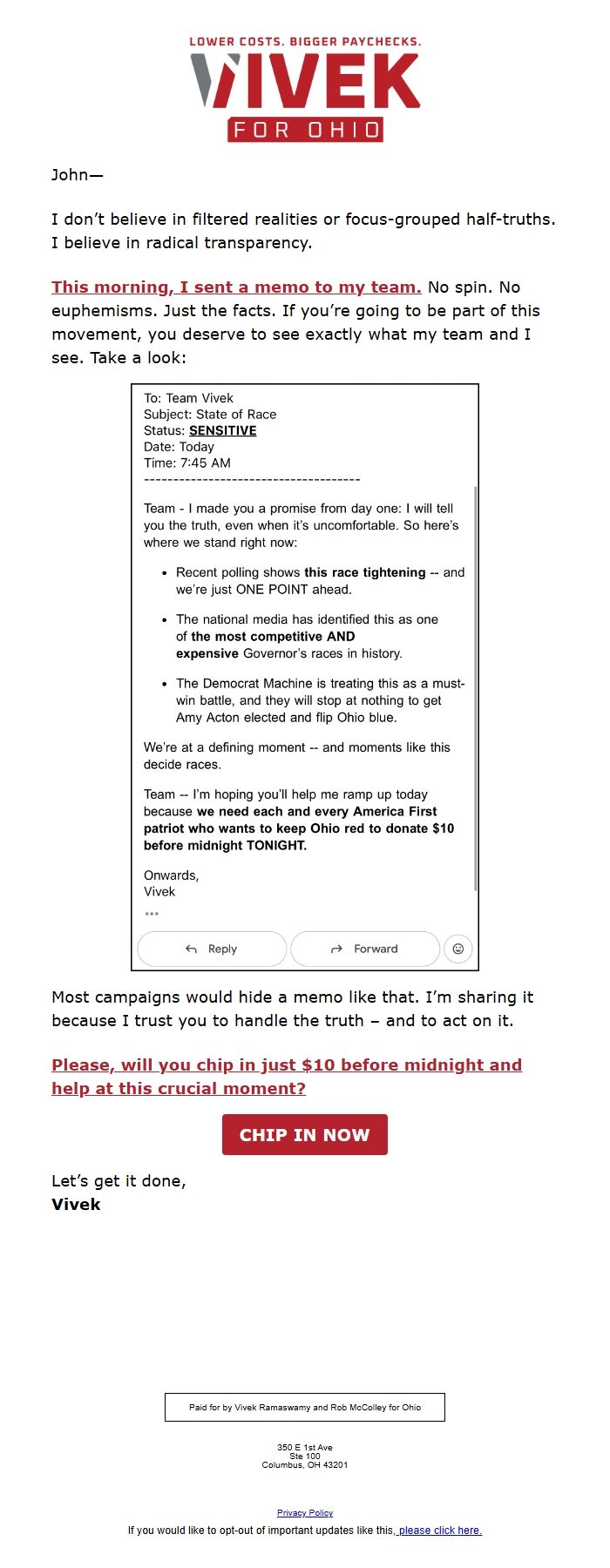 Screenshot of the email generated on import