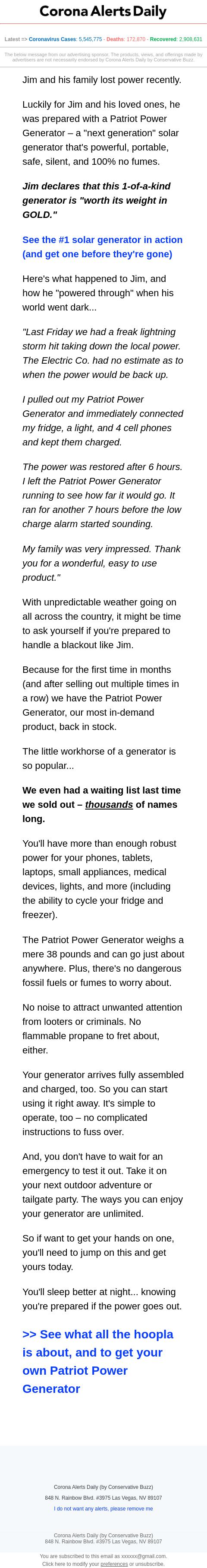 Screenshot of the email generated on import