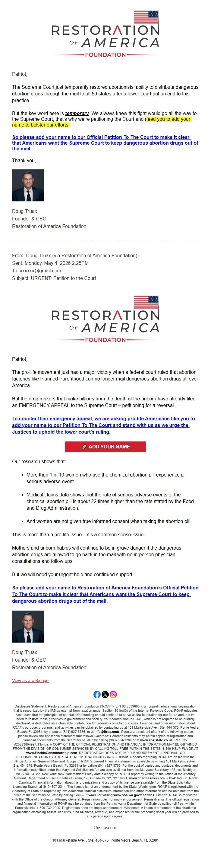 Screenshot of the email generated on import