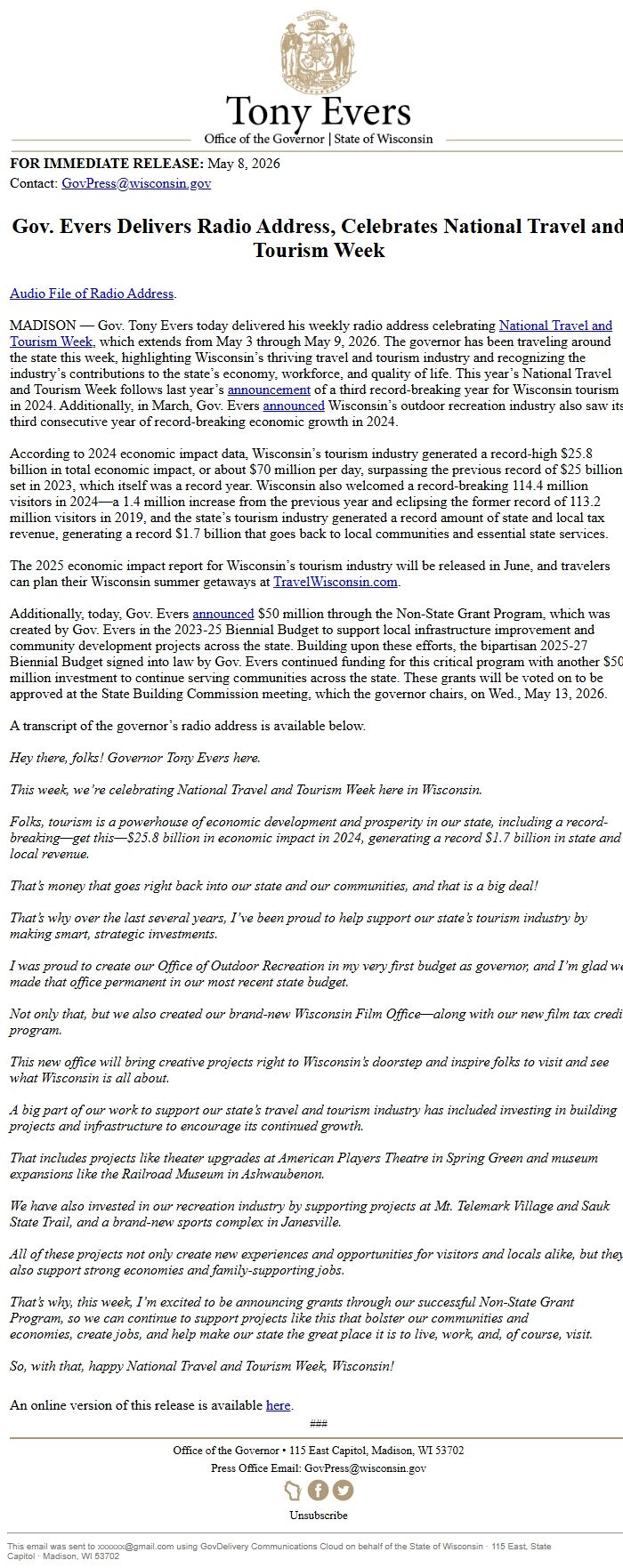 Screenshot of the email generated on import