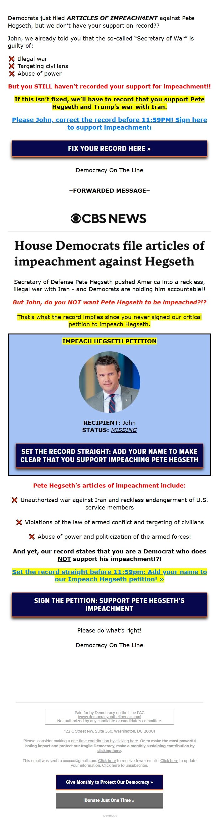 Screenshot of the email generated on import
