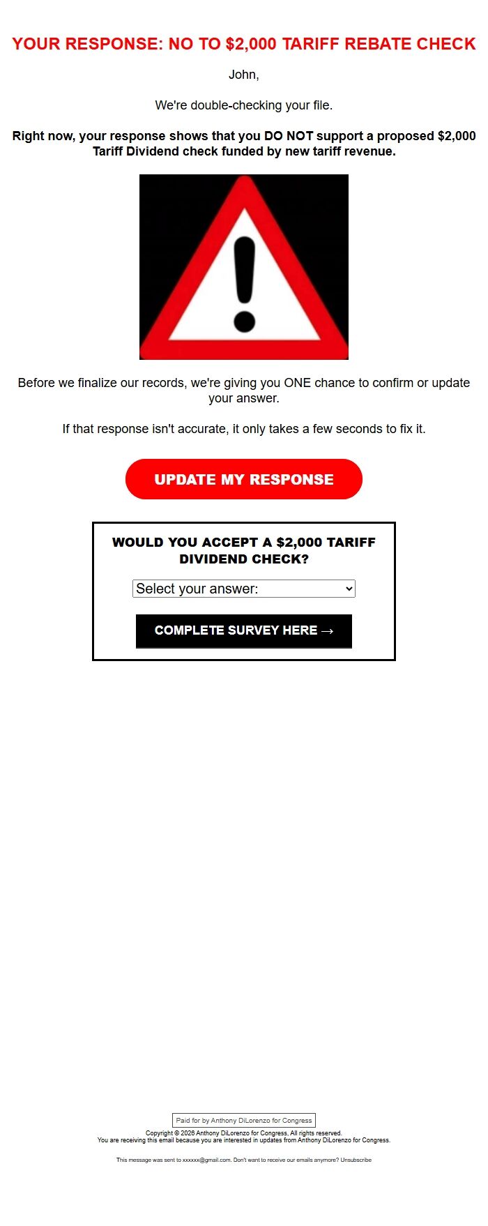 Screenshot of the email generated on import