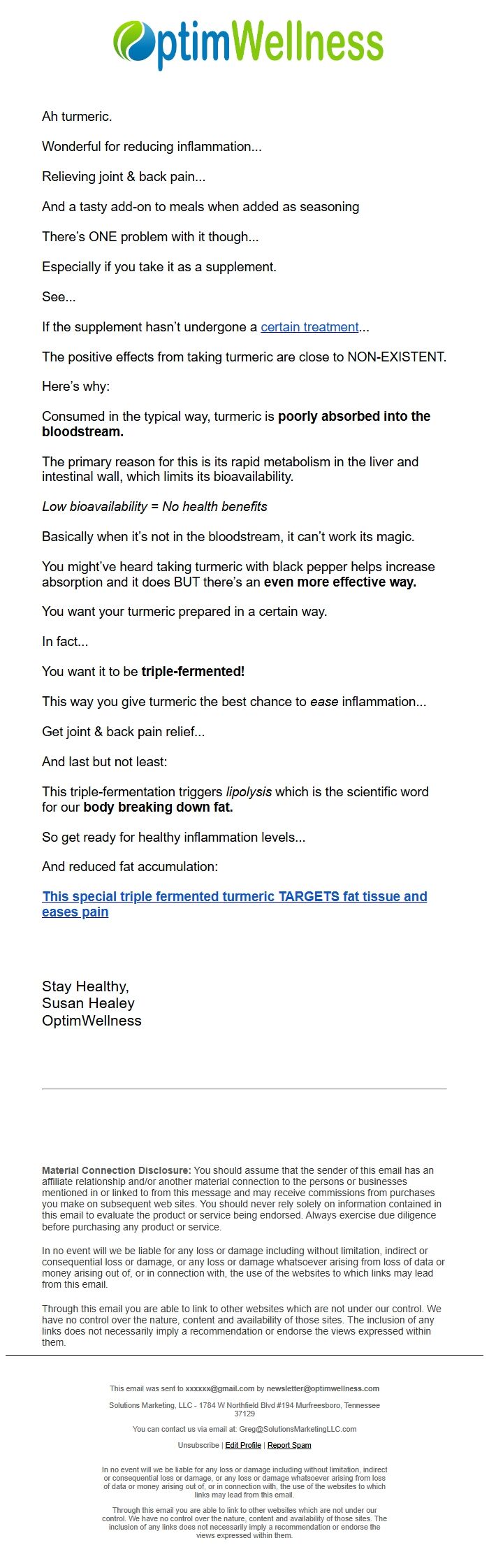 Screenshot of the email generated on import