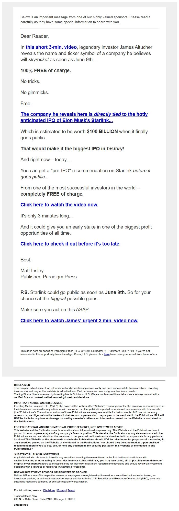 Screenshot of the email generated on import