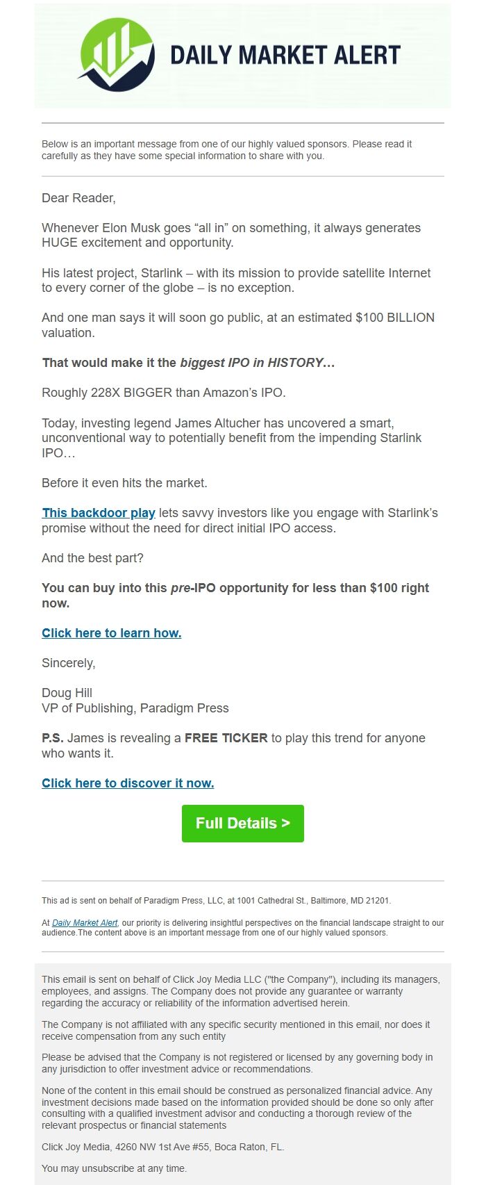 Screenshot of the email generated on import