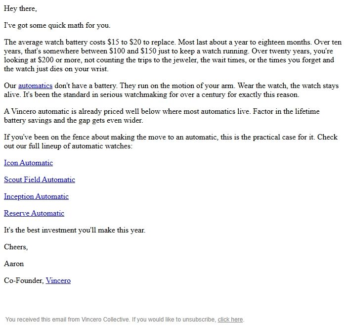 Screenshot of the email generated on import