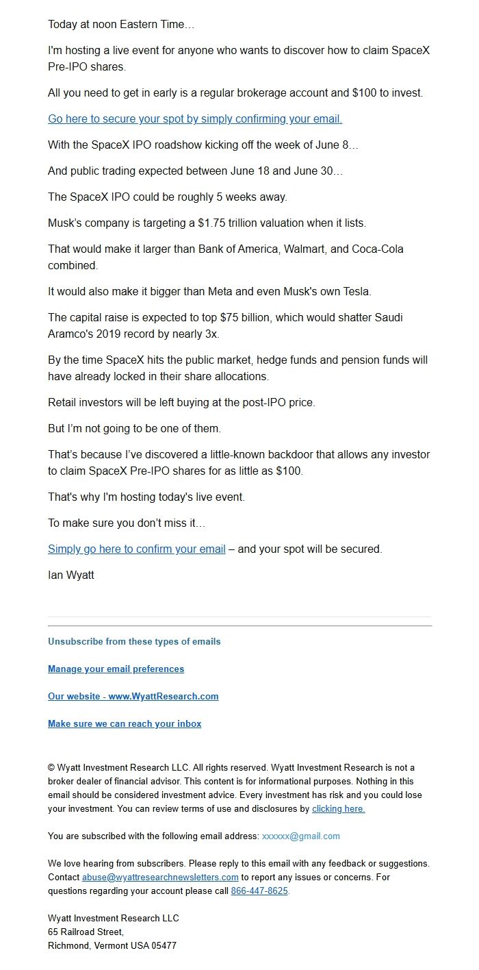 Screenshot of the email generated on import