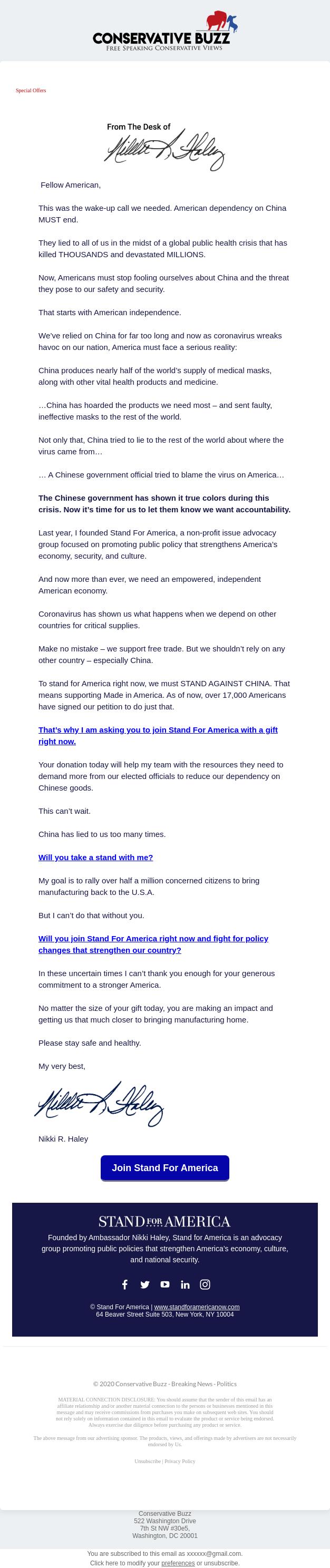 Screenshot of the email generated on import