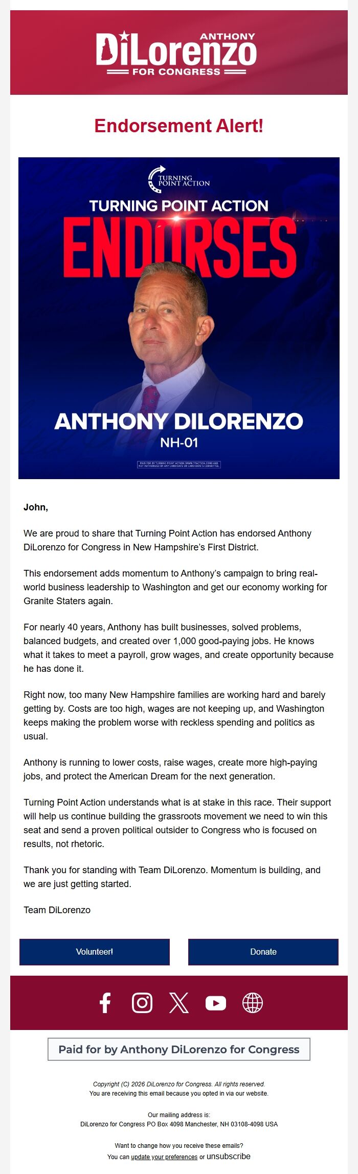 Screenshot of the email generated on import