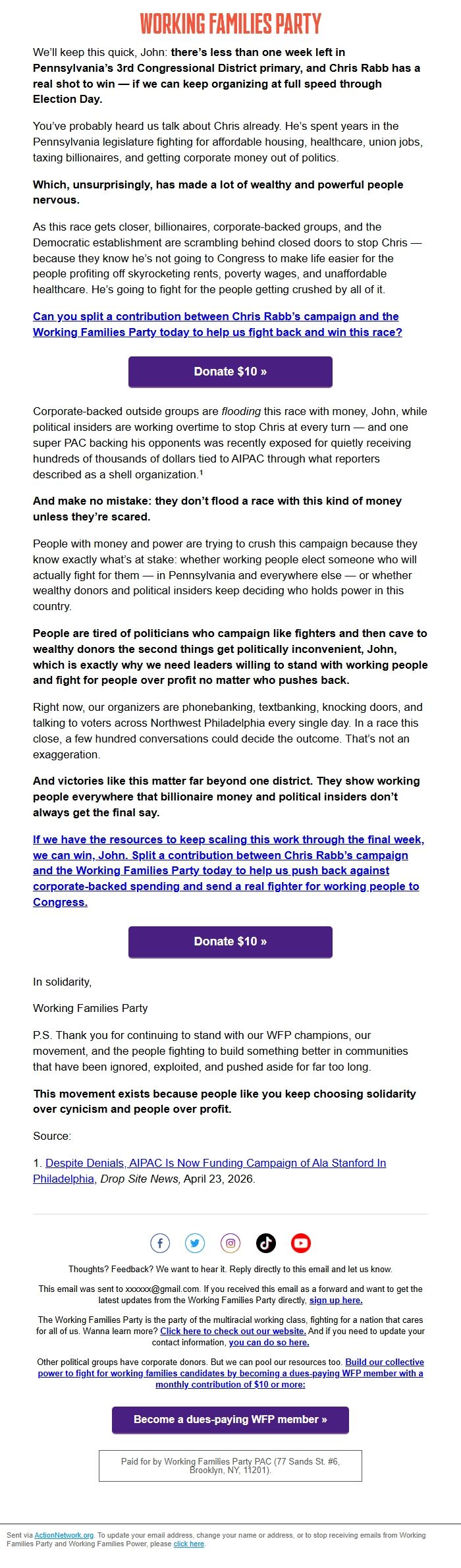Screenshot of the email generated on import