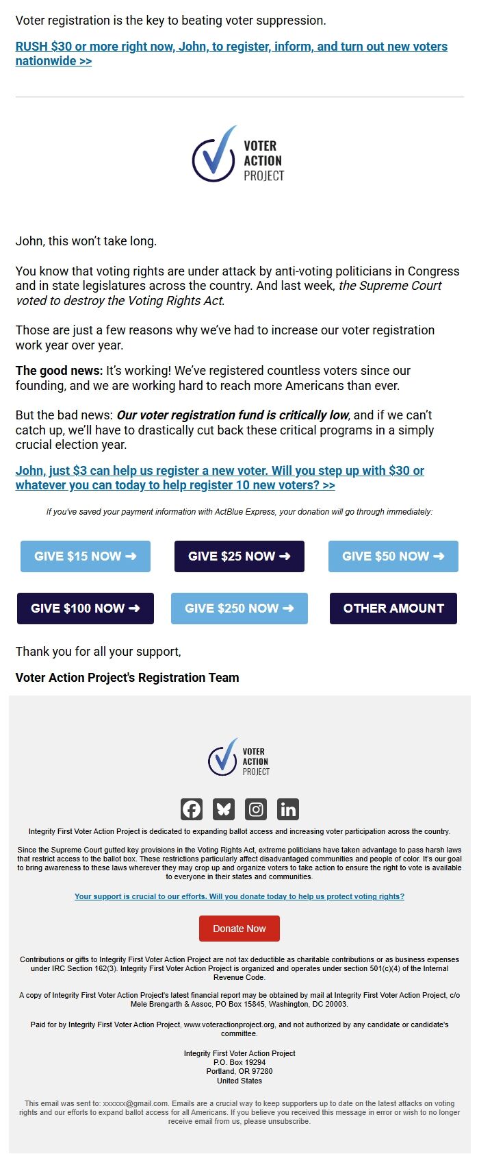 Screenshot of the email generated on import