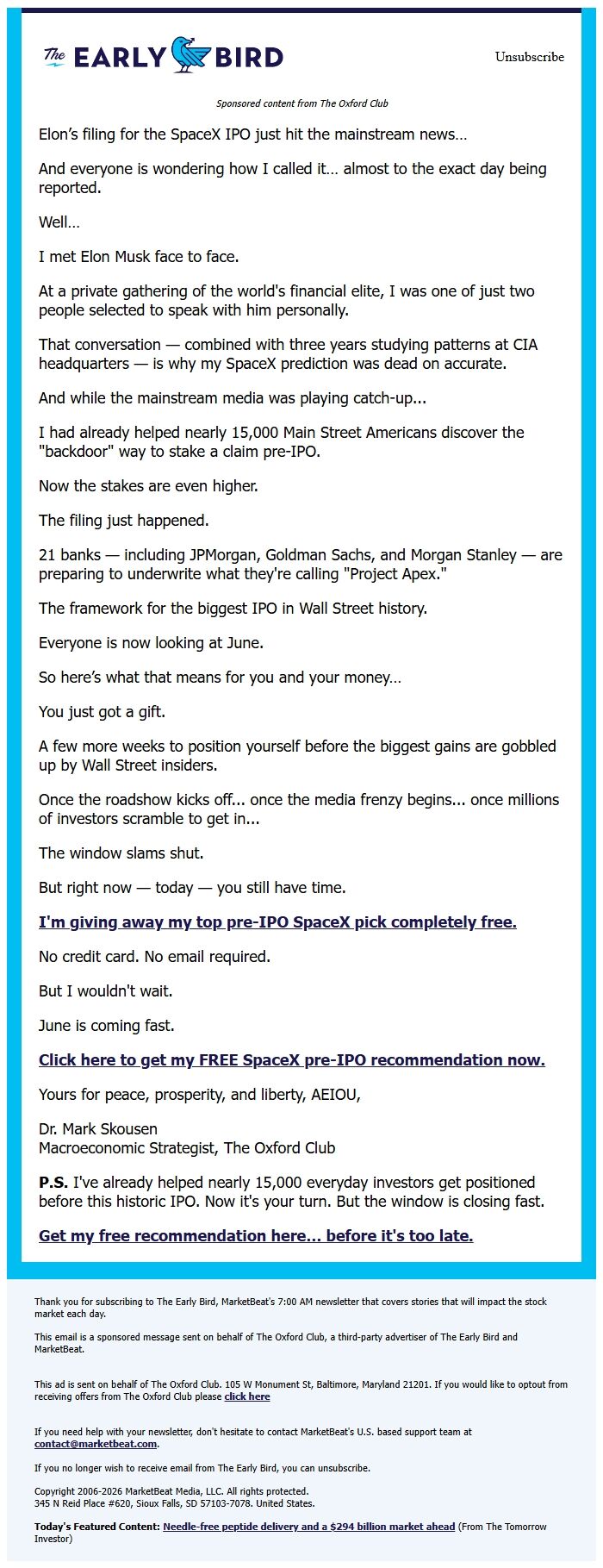 Screenshot of the email generated on import