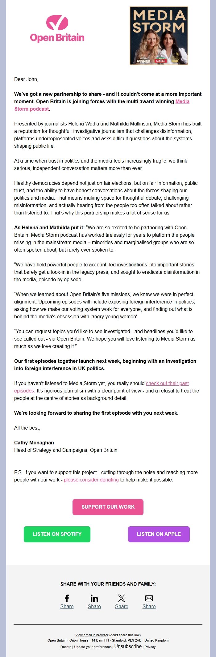 Screenshot of the email generated on import