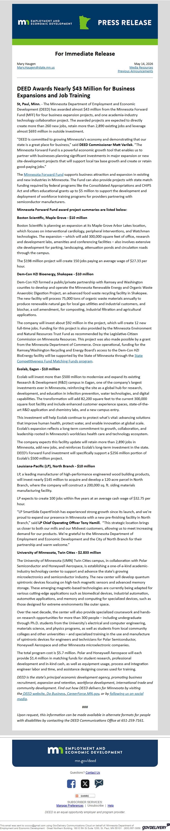 Screenshot of the email generated on import