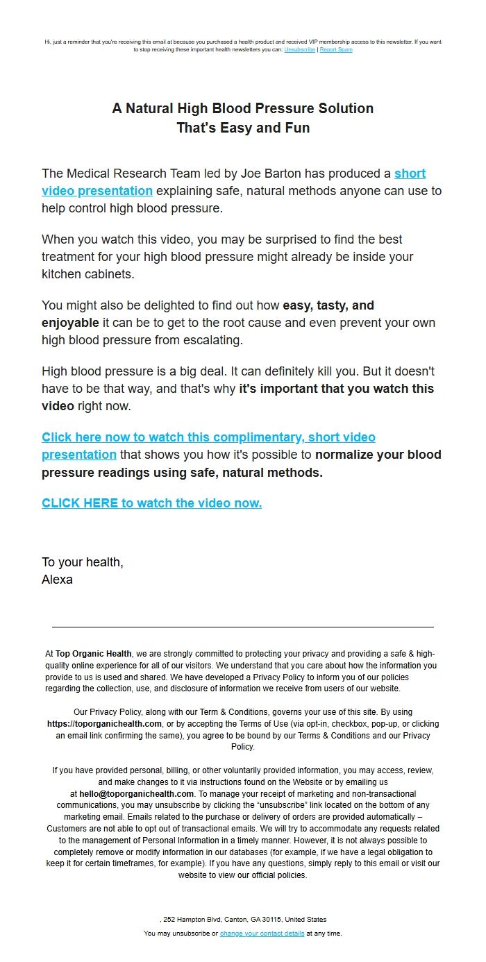 Screenshot of the email generated on import
