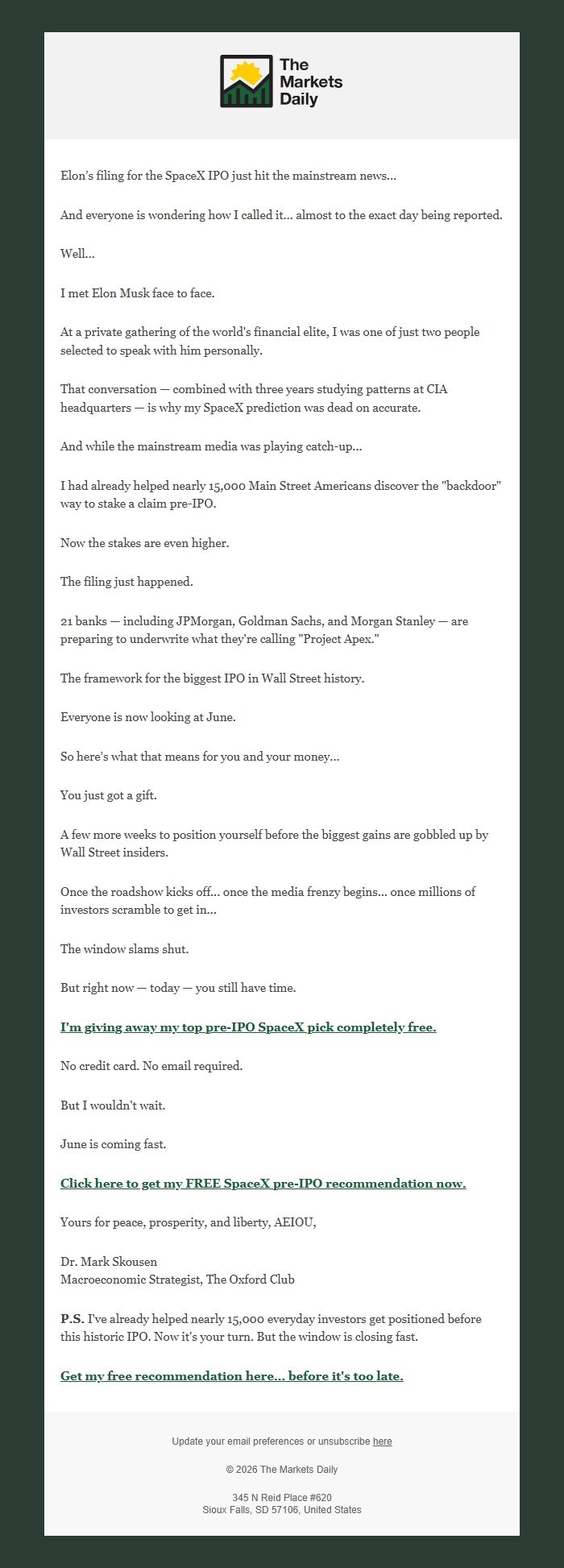 Screenshot of the email generated on import