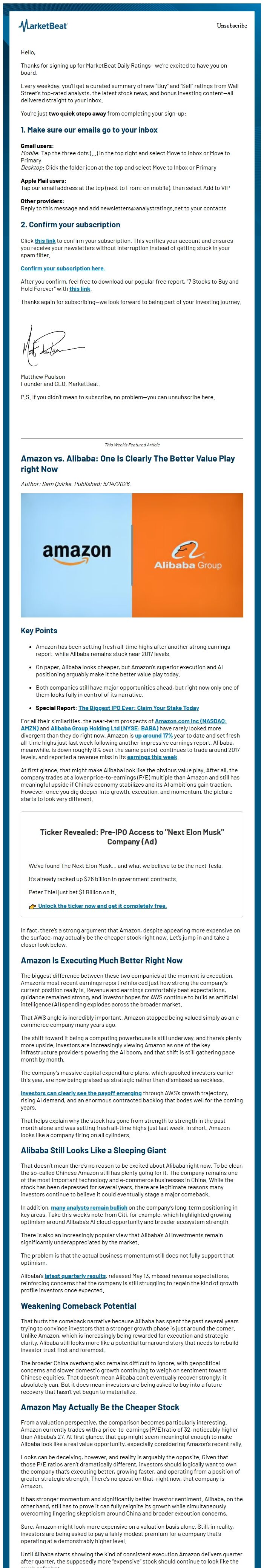 Screenshot of the email generated on import