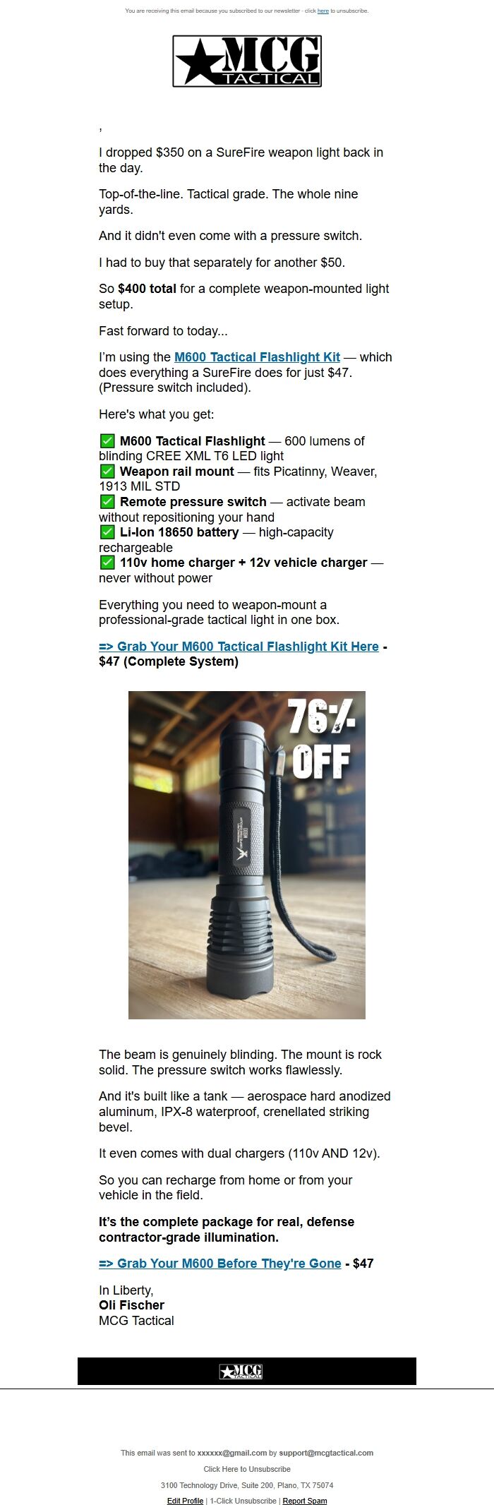 Screenshot of the email generated on import