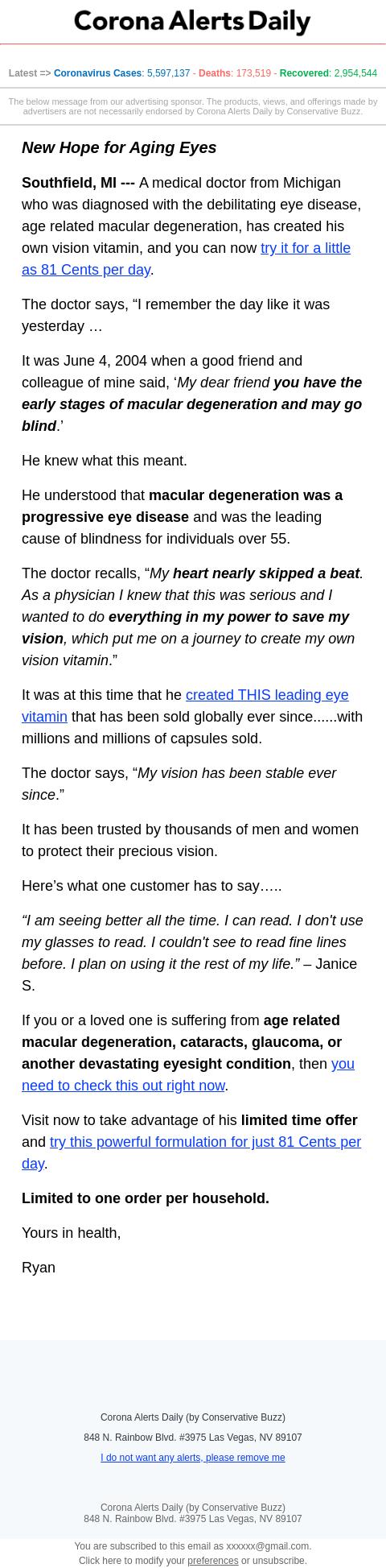 Screenshot of the email generated on import