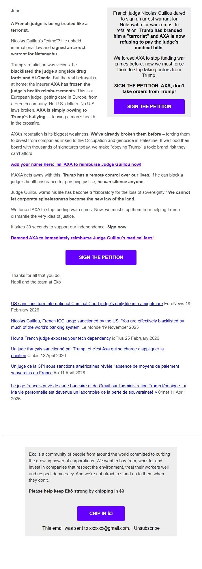 Screenshot of the email generated on import