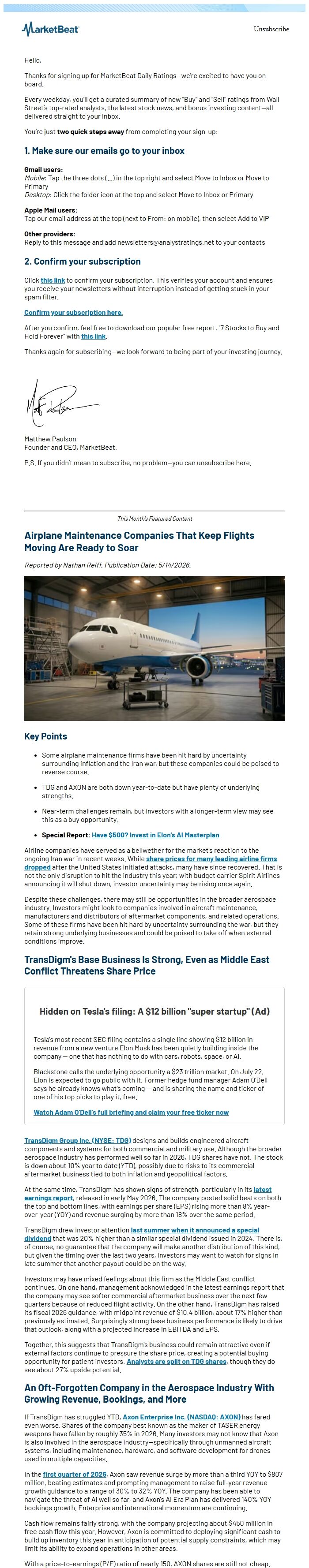 Screenshot of the email generated on import