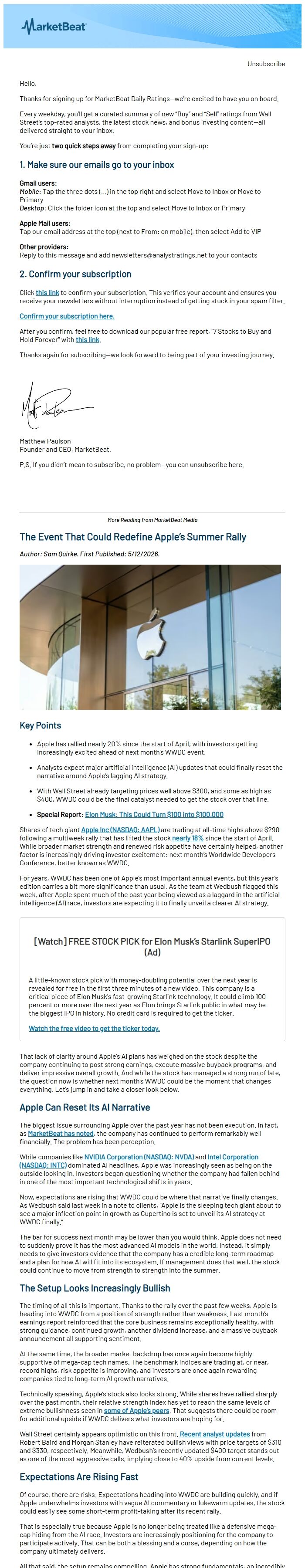 Screenshot of the email generated on import