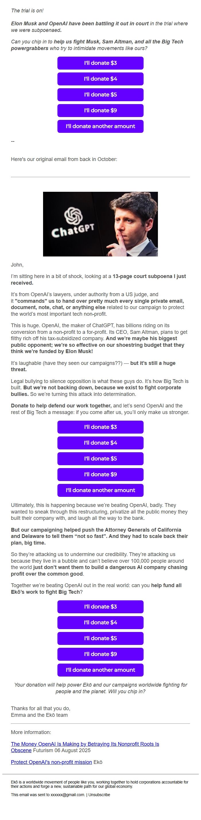 Screenshot of the email generated on import