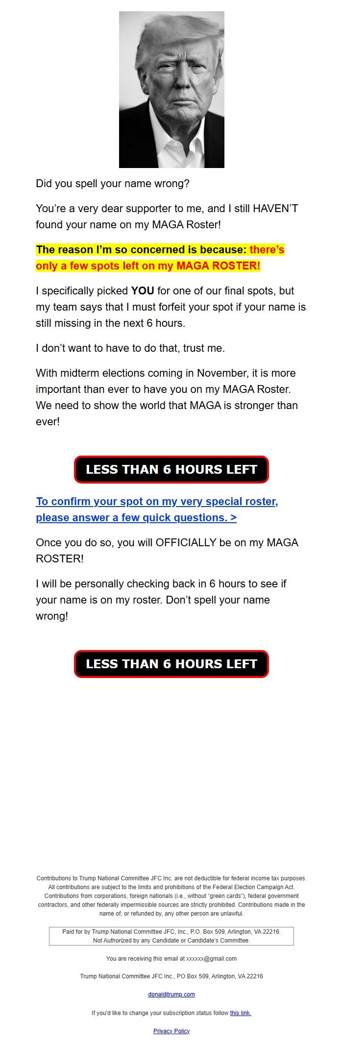 Screenshot of the email generated on import