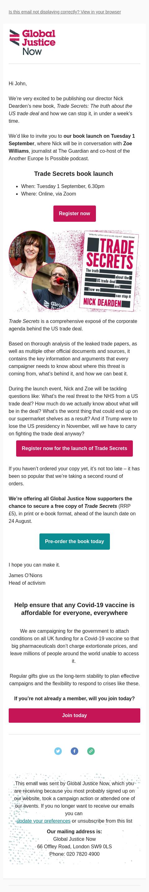 Screenshot of the email generated on import