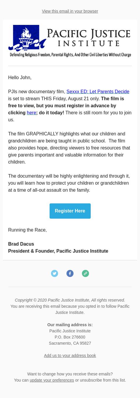 Screenshot of the email generated on import