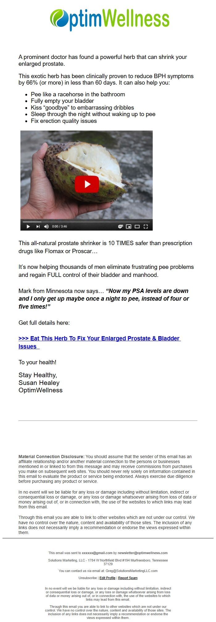 Screenshot of the email generated on import