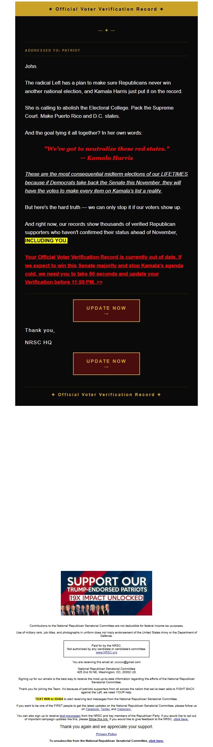 Screenshot of the email generated on import