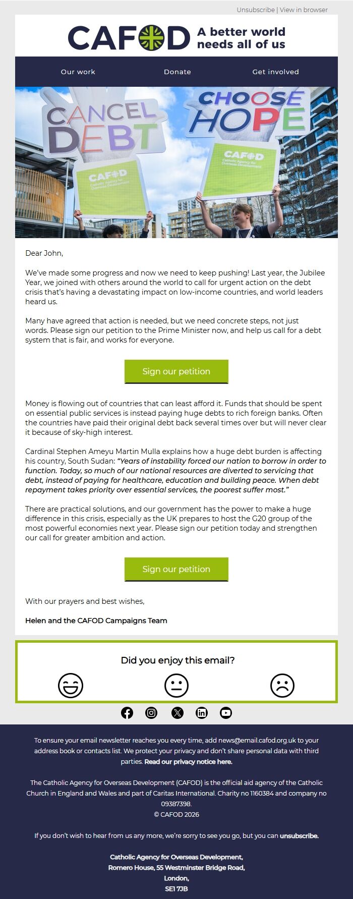 Screenshot of the email generated on import