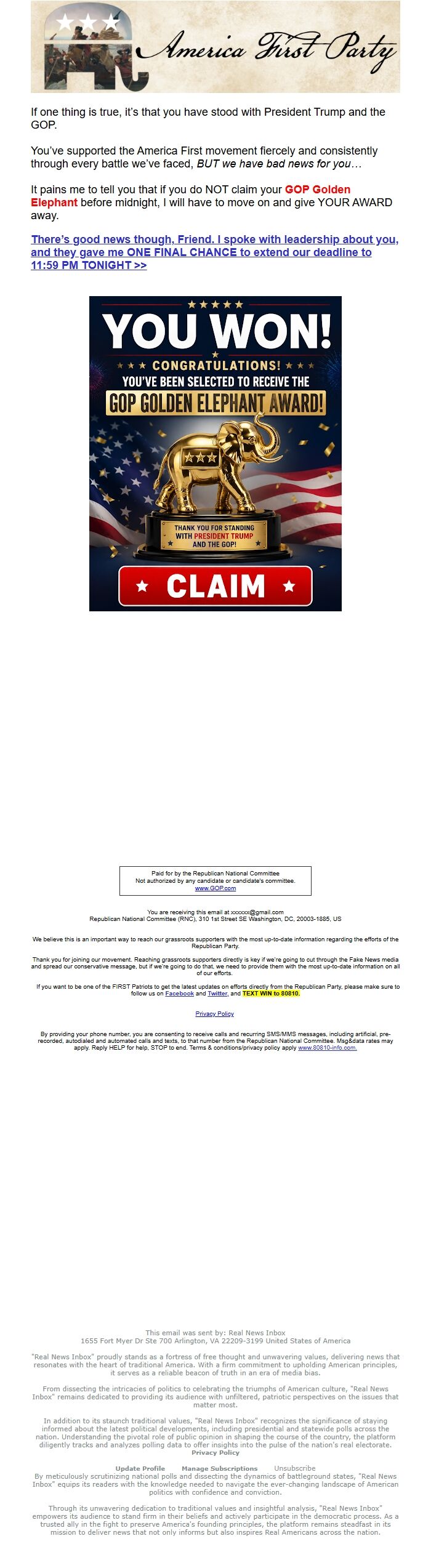 Screenshot of the email generated on import