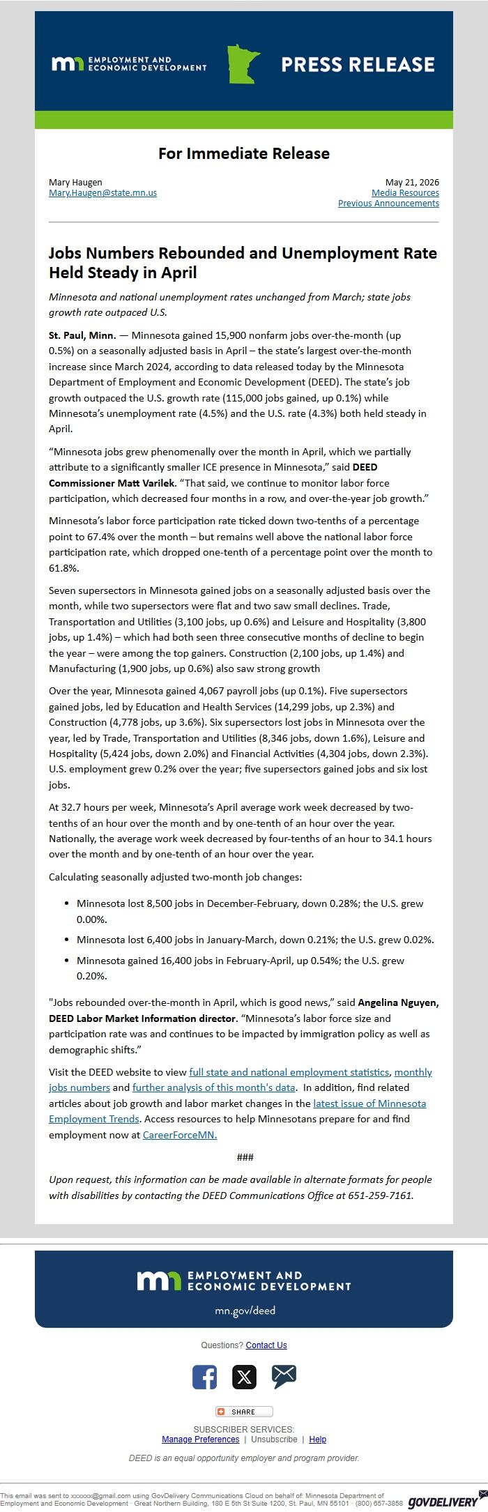 Screenshot of the email generated on import