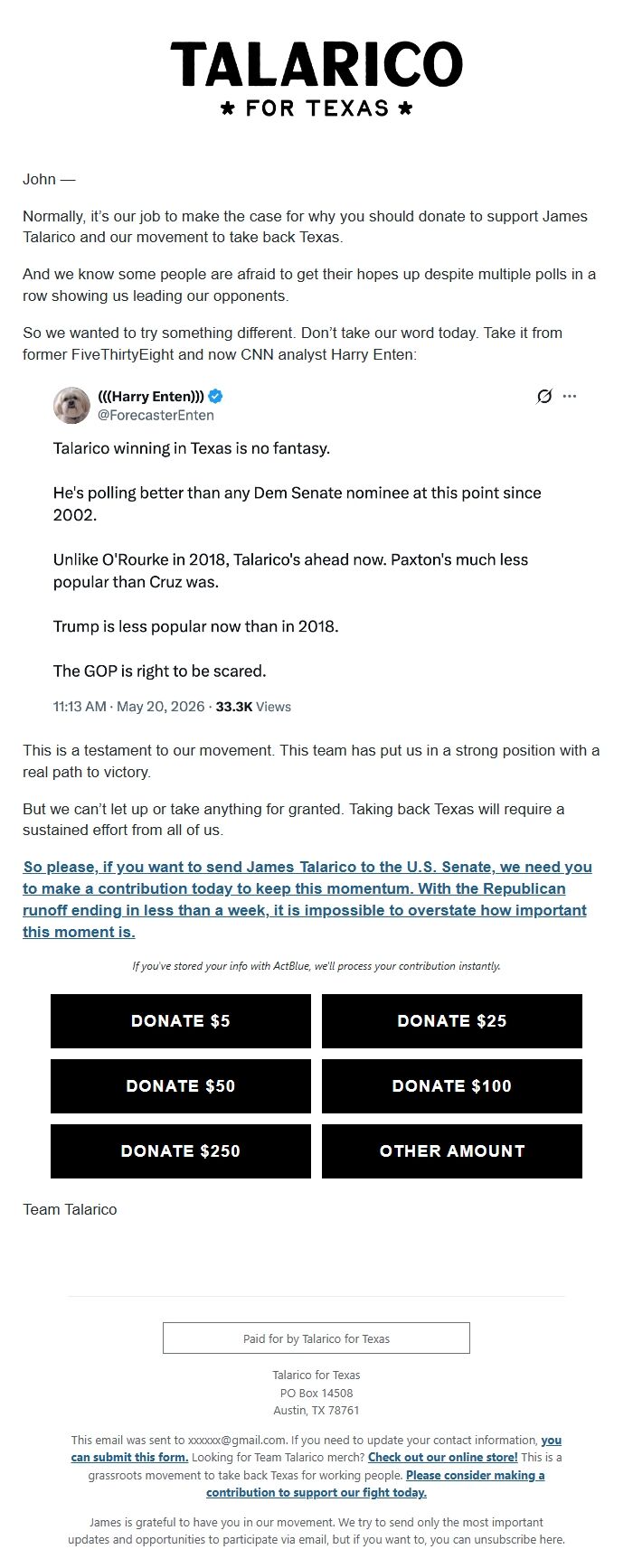 Screenshot of the email generated on import