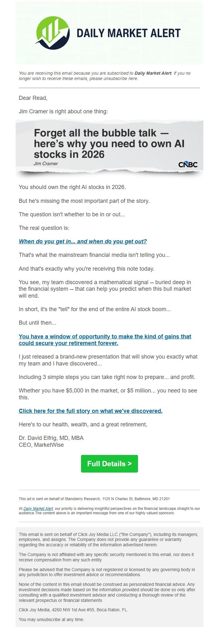 Screenshot of the email generated on import