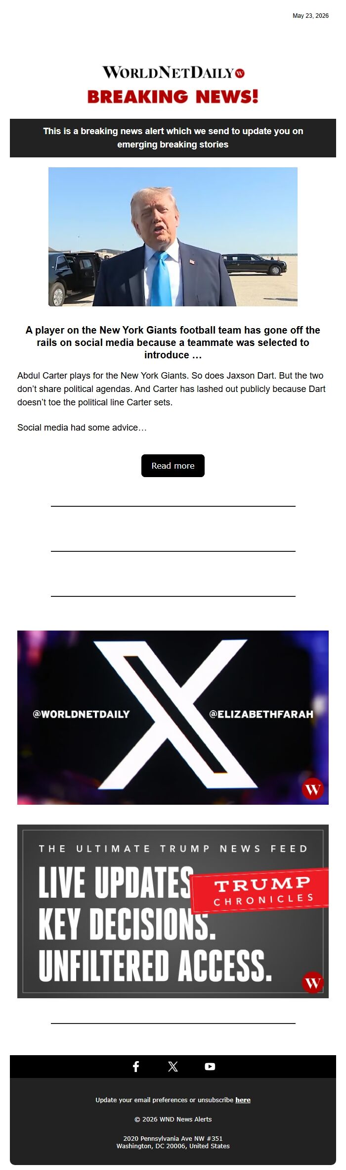 Screenshot of the email generated on import