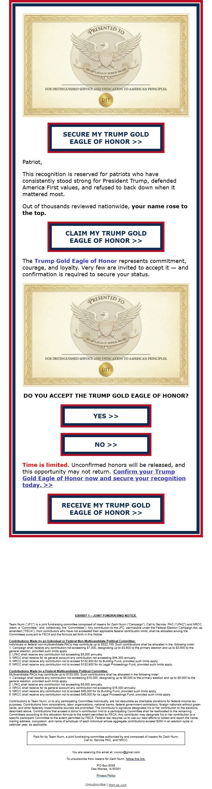 Screenshot of the email generated on import