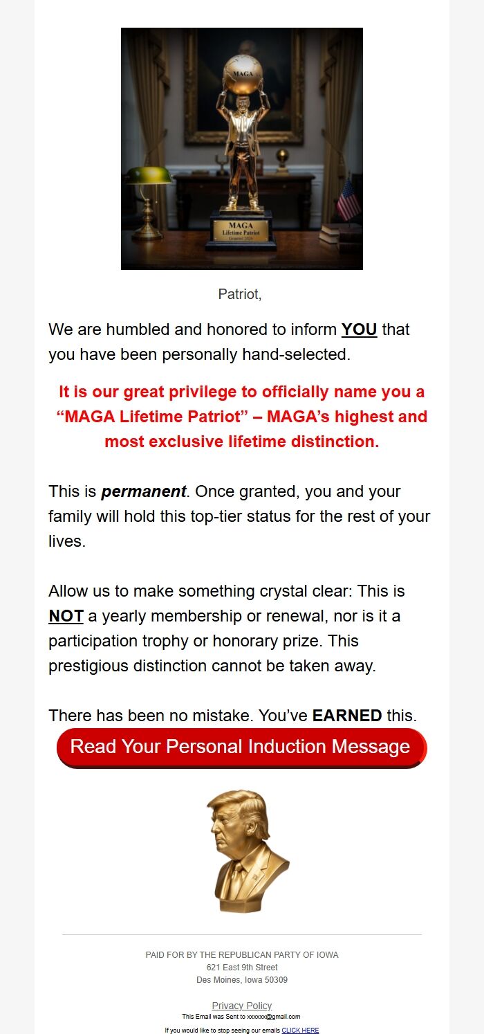 Screenshot of the email generated on import
