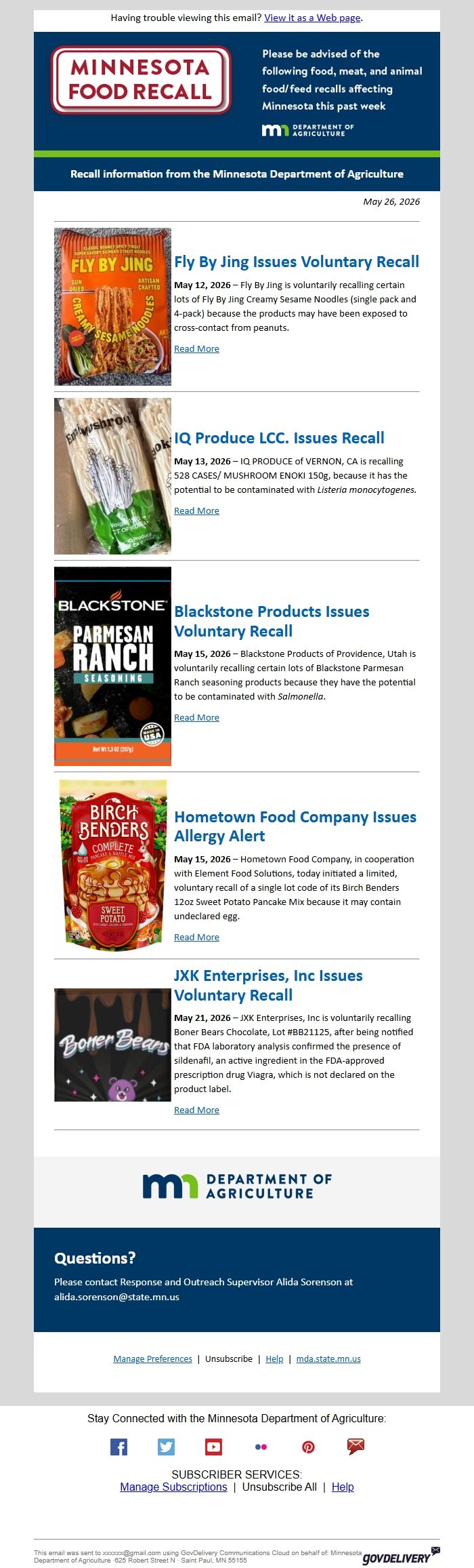 Screenshot of the email generated on import
