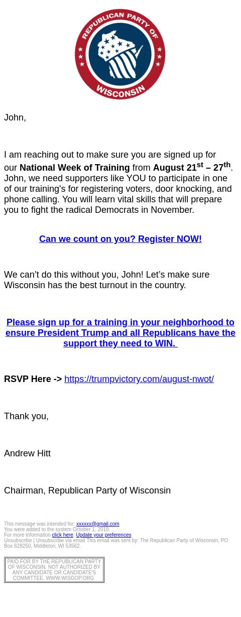 Screenshot of the email generated on import