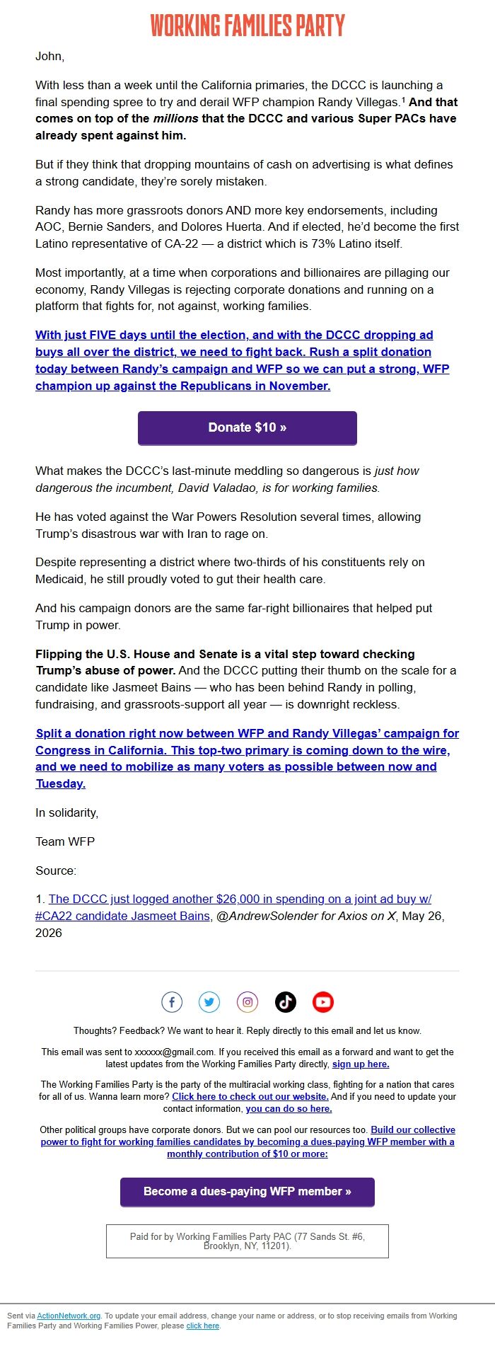 Screenshot of the email generated on import