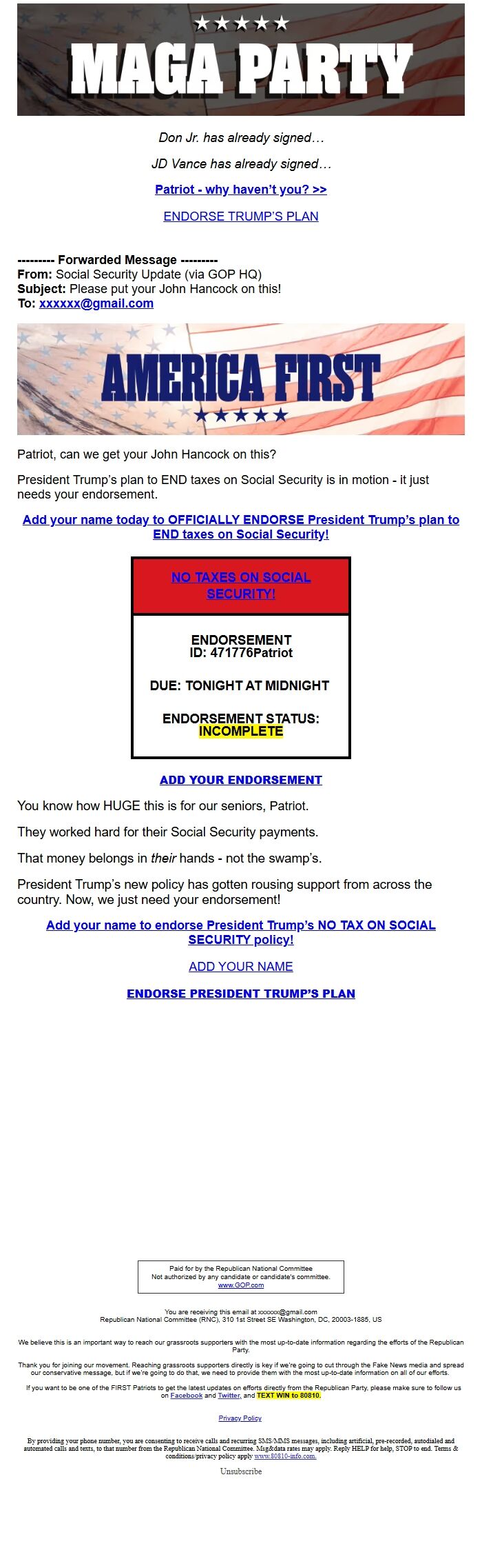 Screenshot of the email generated on import